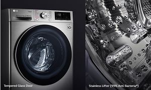 En LG vaskemaskin og en illustrasjon av trommelen.