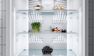 Åpent veldig rent kjøleskap med få matvarer