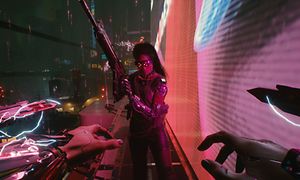 Futuristisk gamingscene med kvinne med maskinpistol