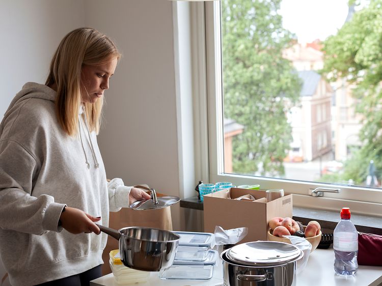 En kvinne forbereder et måltid ved et kjøkkenvindu