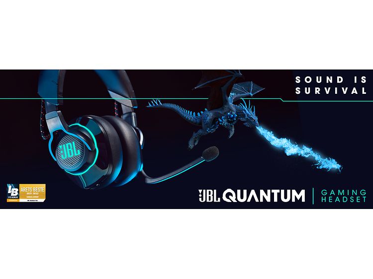 JBL Quantum norskt toppbanner med flyvende lysende headset og drage som spruter tyrkis ild