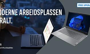 Mann som ser på en Lenovo bærbar datamaskin med teksten DEN MODERNE ARBEIDSPLASSEN ER OVER ALT