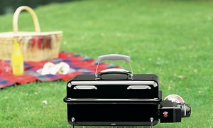 liten elektrisk grill står på grønt gress