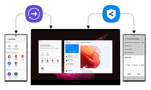 Galaxy Book2 mellom to Galaxy S22 Ultra-enheter