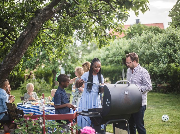 Mange mennesker samlet rundt en grill i en grønn hage