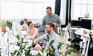 Happy colleagues at their office with plants around