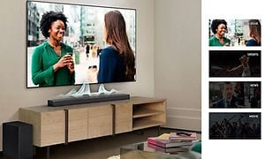 Samsung TV og lydplanke med illustrasjon av forskjellige modus
