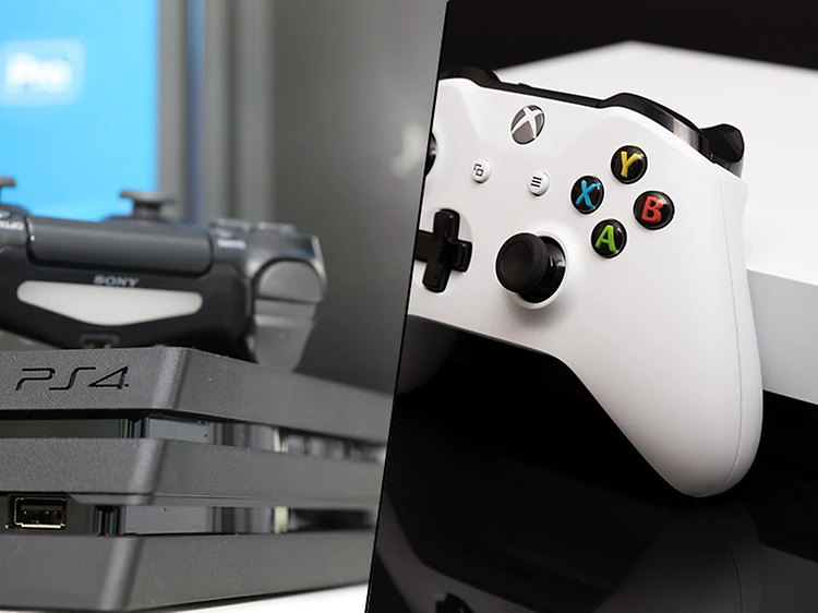 kollasje med en ps4 og en xbox one x