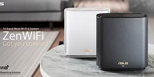 Banner med et sort og et hvit ZenWiFi mesh-system