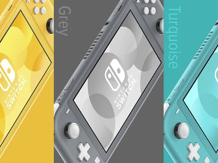 Nintendo Switch Lite kollasj med bilder i tre ulike farger