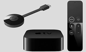 Svart Chromecast og Apple-TV samt fjernkontroll