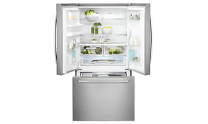 an open french door fridge, displaying the inside