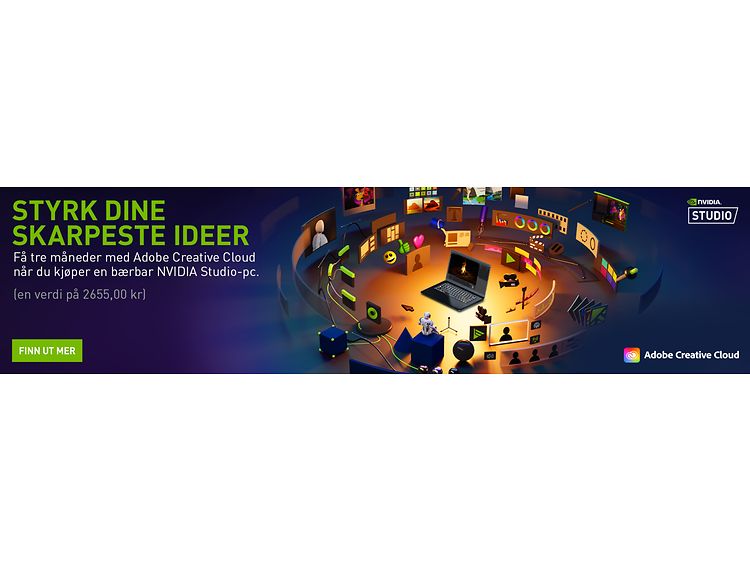 banner med tekst på norsk om NVIDIA Studio og Adobe