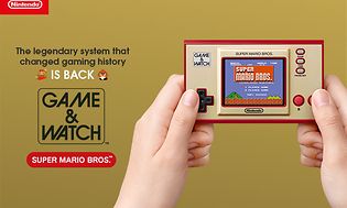 håndholdt nintendo med super mario bros-logo på skjermen