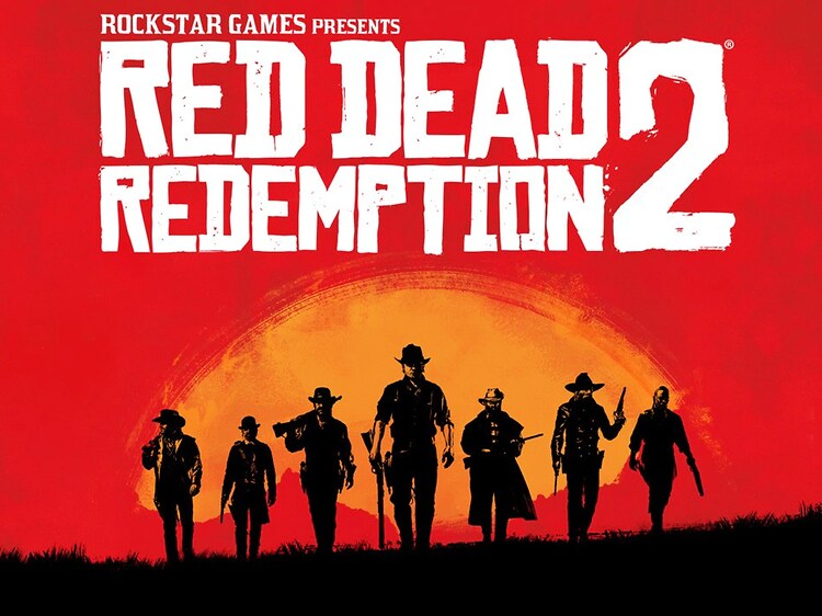 Red Dead Redemption-plakat med logo og cowboyer i horisonten