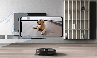 Ecovacs Deebot T9 AIVI  viser video av en hund i sanntid horisontalt