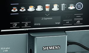 coffeeSelect-skjem på Siemens kaffemaskin EQ. 6 Plus S100 som viser ulike typer kaffedrikker