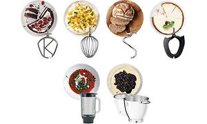 Illustrasjon av de 5 inkluderte delene til Kenwood Chef XL Patissier kjøkkenmaskin