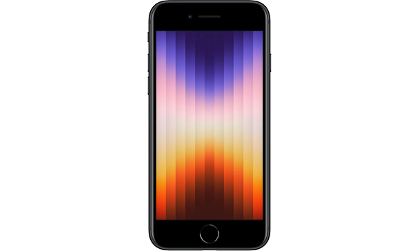 iPhone SE Gen 3 s tt forfra med en fargerik skjerm med streker