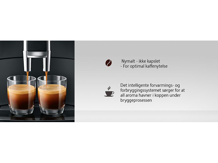 To glass med kaffe og liste over funksjonene til Jura kaffemaskin på norsk