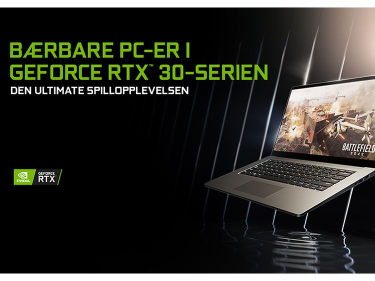 Banner med en bærbarPC og norsk tekst; Bærbare PC-er i Gforce-serien, den ultimate spillopplevelsen