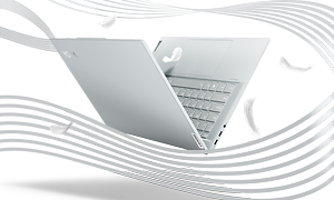 En Lenovo Yoga Slim 7 Carbon bærbar PC som flyter med bøyde streker og fjær rundt seg