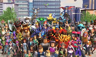 Mange forskjellige animerte Roblox-karakterer samlet i en klynge i en by