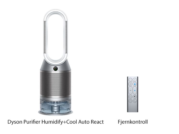 Dyson Dyson Humidify+Cool Auto React og en fjernkontroll og tekst under på norsk