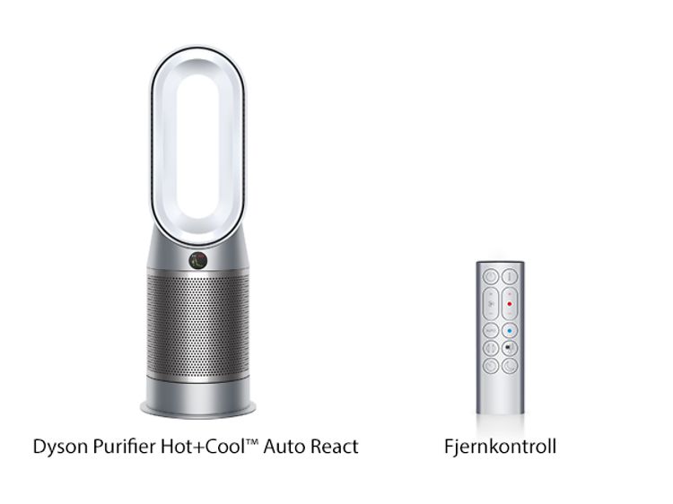 Dyson Hot+Cool Auto React og en fjernkontroll og tekst under på norsk