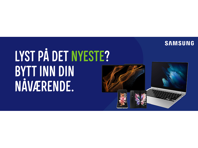 En bærbar PC, nettbrett og to brettbare telefoner på blå bakgrunn og teksten Lyst på det nyeste? Bytt inn din nåværende.