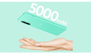 Illustrasjon av en hånd og en svevende tyrkis Sony Xperia 10-telefon med teksten 5000 mAh over