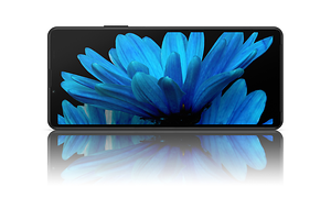 Xperia 10 som ligger vannrett og viser en blå blomst på skjermen