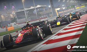 en rekke med Ferrari-er i F1 22 sett fra fronten