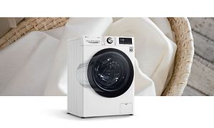 White LG combo washing machine staning in front of an image of a basket with laundry