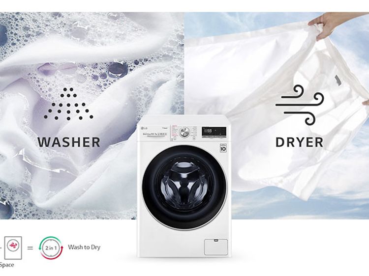 Illustration of a white combo washer and dryer from LG