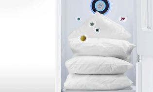 Pillows inside an LG Styler with illustrations of bacterias around them