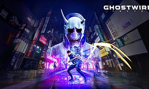 Ghostwire Tokyo kollasje med bilder fra spill og logo