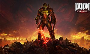 Spillkarakter fra Doom Eternal med logo