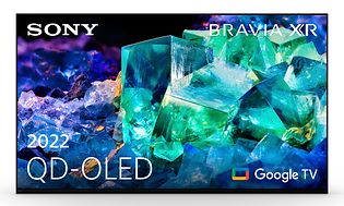  Produktbilde av en Sony Bravia A95K QD-OLED TV med blå og grønne krystaller som vises på skjermen
