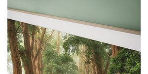 Samsung The Frame på grønn vegg med teak-ramme