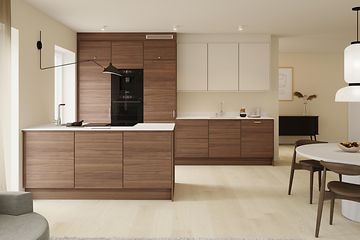 EPOQ Edge Walnut og Trend Warm White åpen kjøkkenløsning med integrerte hvitevarer
