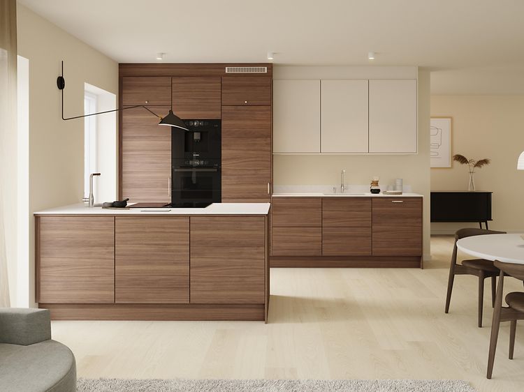 EPOQ Edge Walnut og Trend Warm White åpen kjøkkenløsning med integrerte hvitevarer