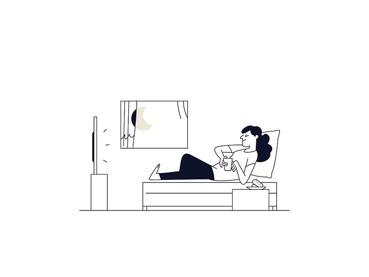 Illustrasjon av en kvinne som ser på TV på et hotellrom