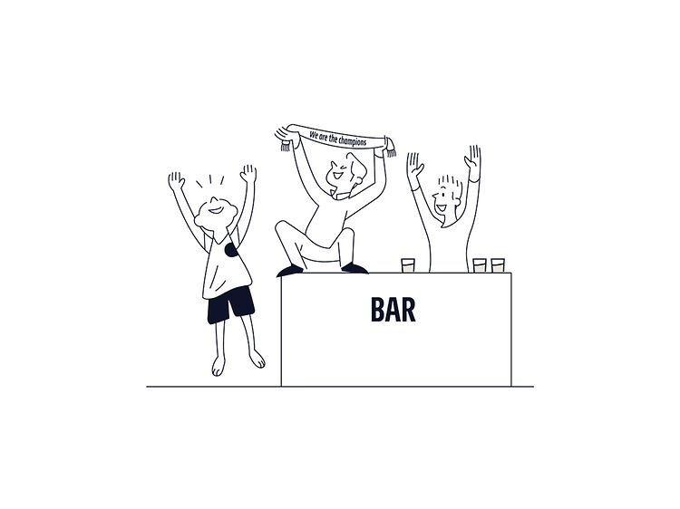 Illustrasjon av folk som heier i en bar