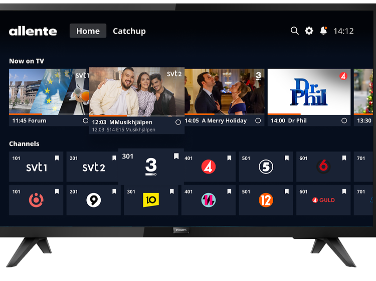 Allente Tv-pakke på en TV som viser alle kanalene som følger med