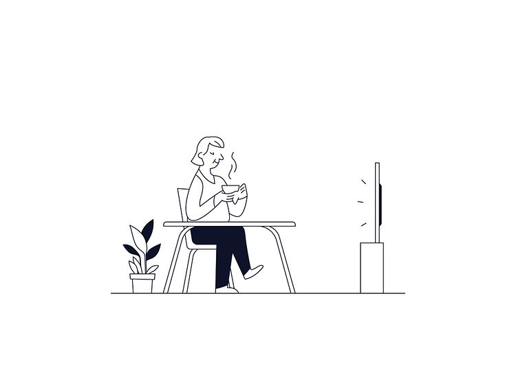 Illustrasjon av en kvinne som drikker kaffe foran TV