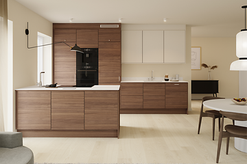 Epoq Edge Walnut og Trend Warm White U-kjøkken med integrerte hvitevarer.