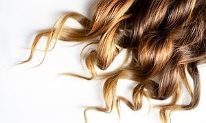 Long brown curly hair on white background