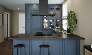 Kjøkken - Heritage BlueGrey - Blått kjøkken - Barstoler - Sort ventilator - Glasskap - Laminatbenkeplate - halvøy