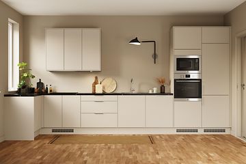 EPOQ - Kitchen - K30A - Core Grey Mist - Beige - Black Laminate Worktop - Integrated Appliances - ruf - wall lamp